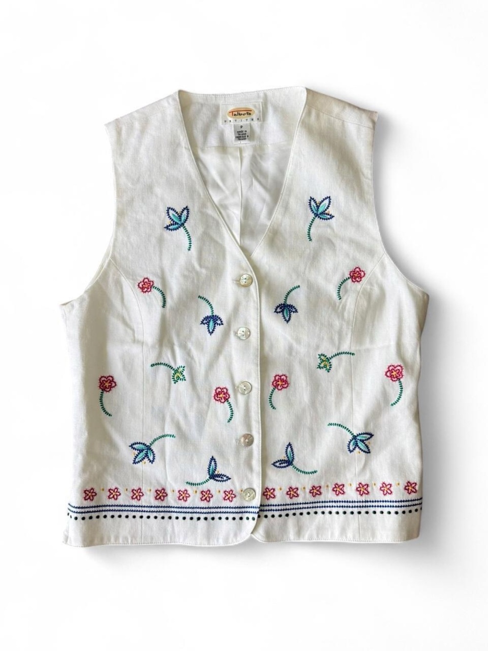 VTG Talbots White/Pink/Blue Women Embroidered Linen Button Up Vest Top Petite XS